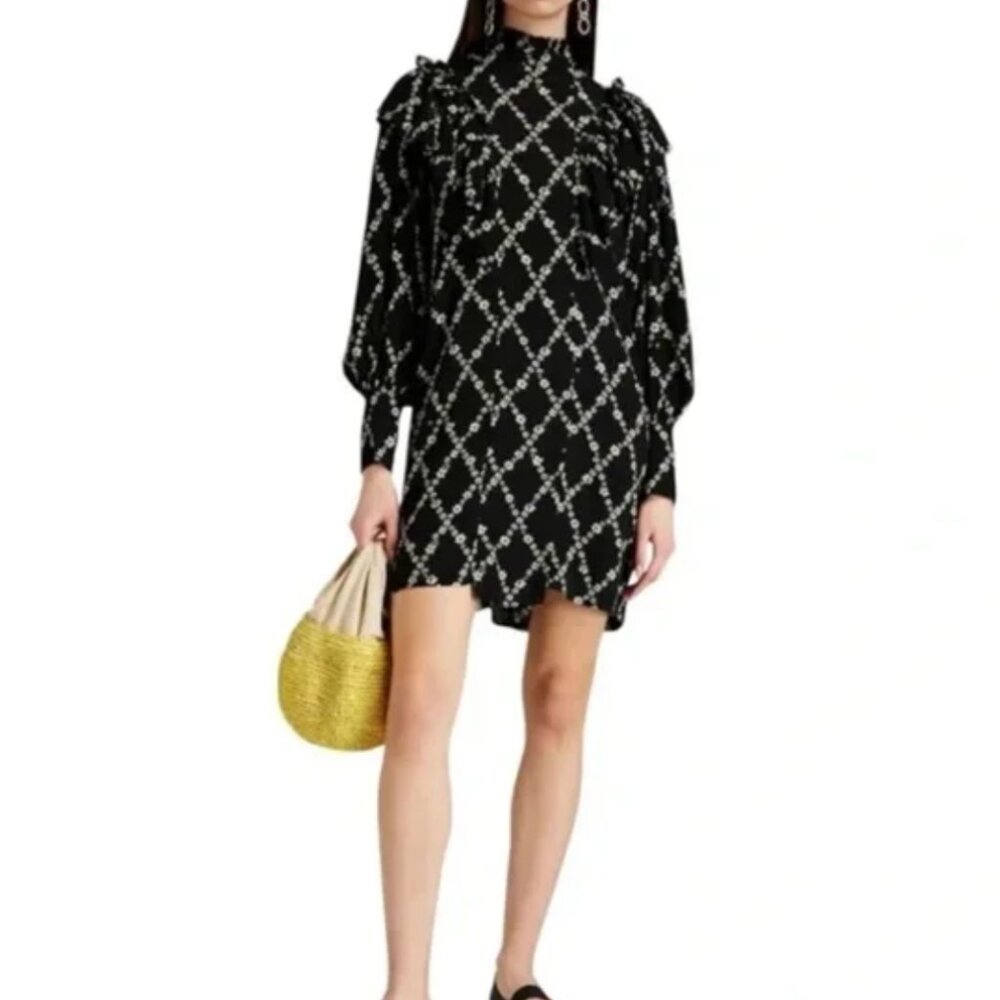 Ganni Black Bishop Sleeve Dress Size 34 Floral